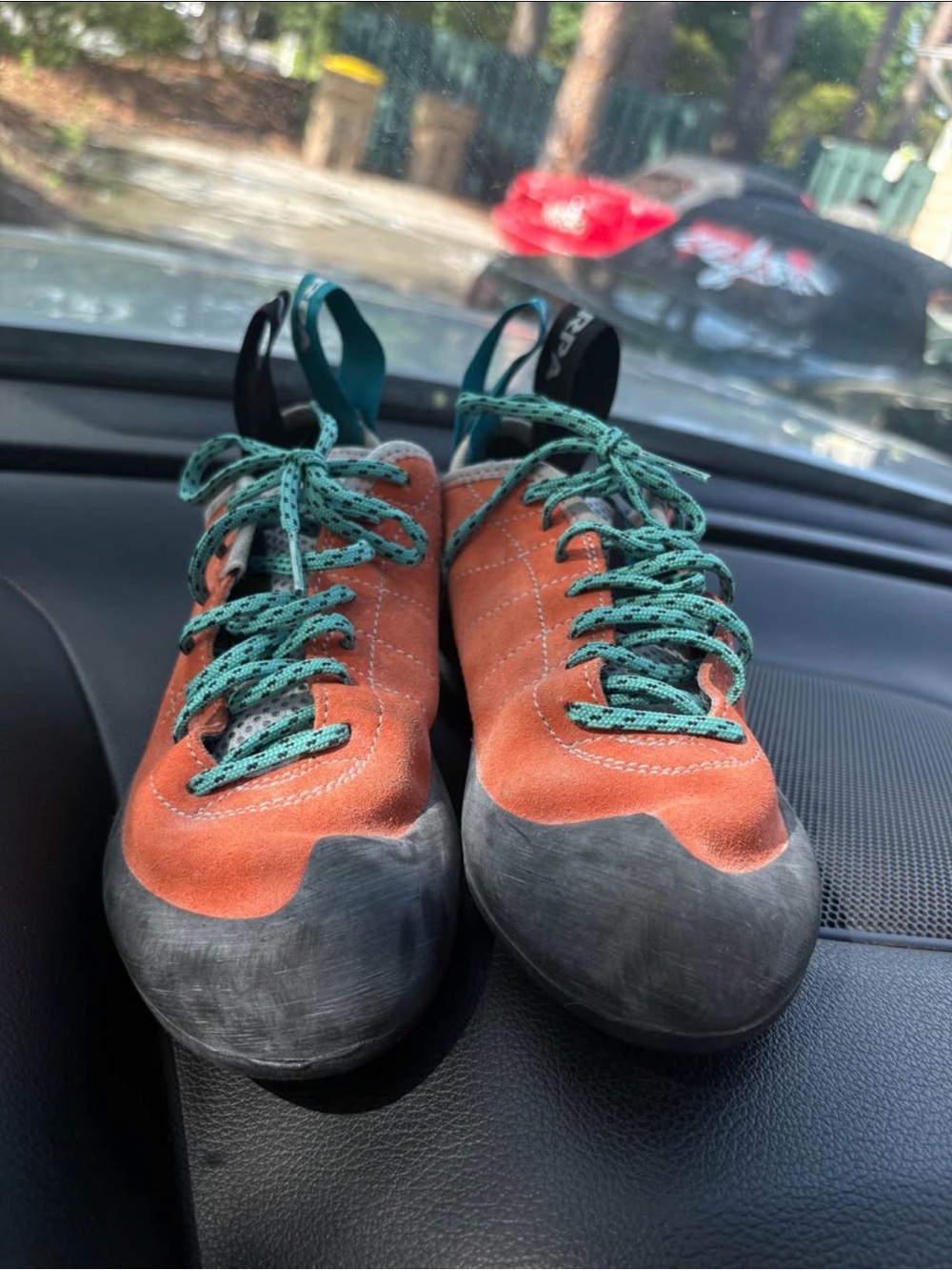 Scarpa Women’s Orange Suede Climbing Shoes with Teal Laces